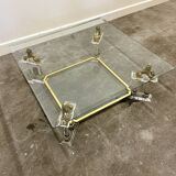 Table basse vintage française en lucite et verre avec lions en laiton, années 1980