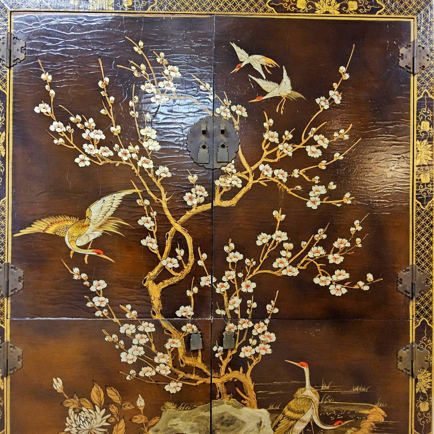 Vintage Chinese cabinet with birds & flowers, red & gold (bohemian)