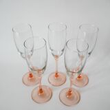 Set of 5 luminarc champagne flutes with pink feet 1970