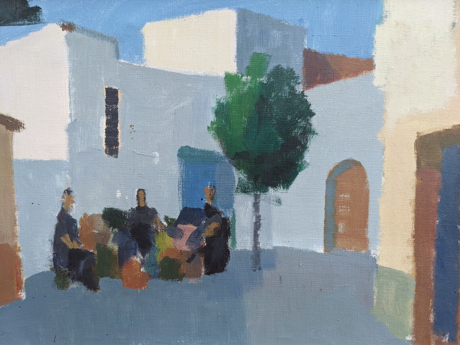 Mid-Century Modern "Charming Town" Vintage Swedish Street Scene Oil Painting, Framed