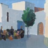 Mid-Century Modern "Charming Town" Vintage Swedish Street Scene Oil Painting, Framed