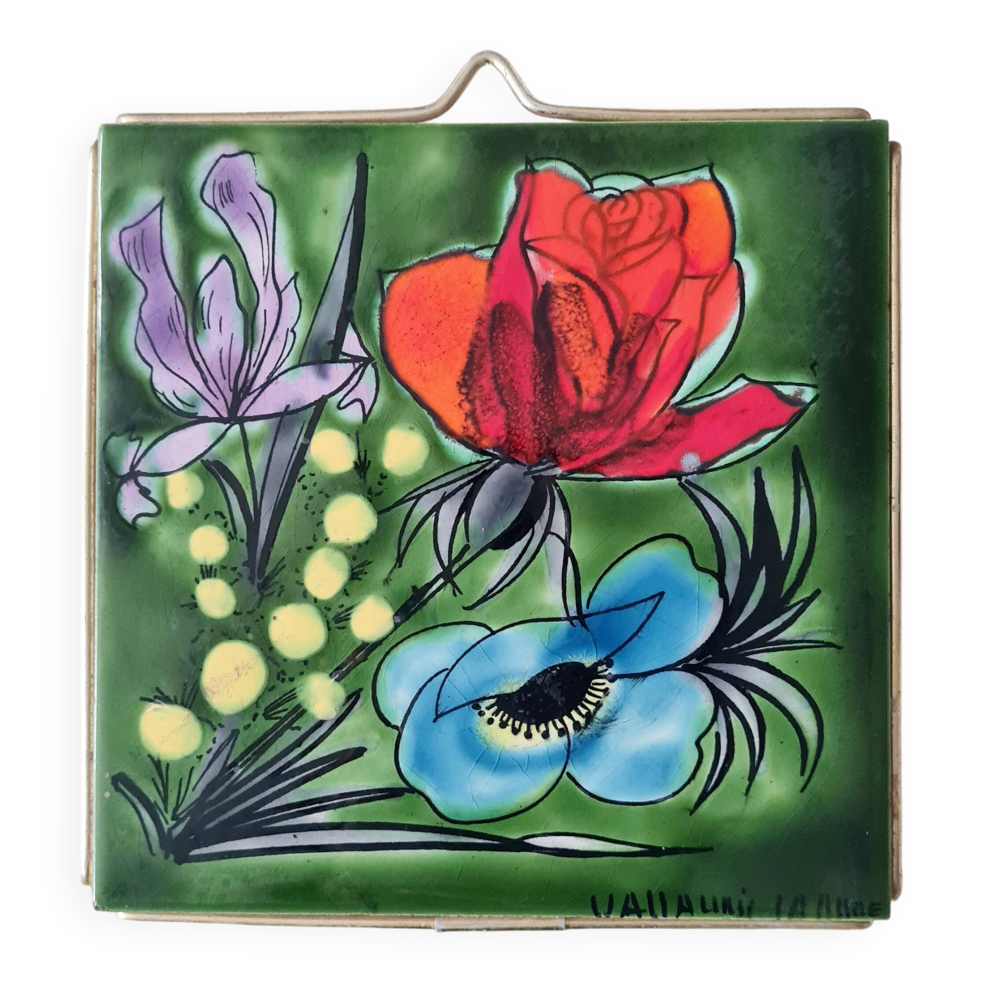 Vintage Vallauris ceramic tile - Floral decoration
