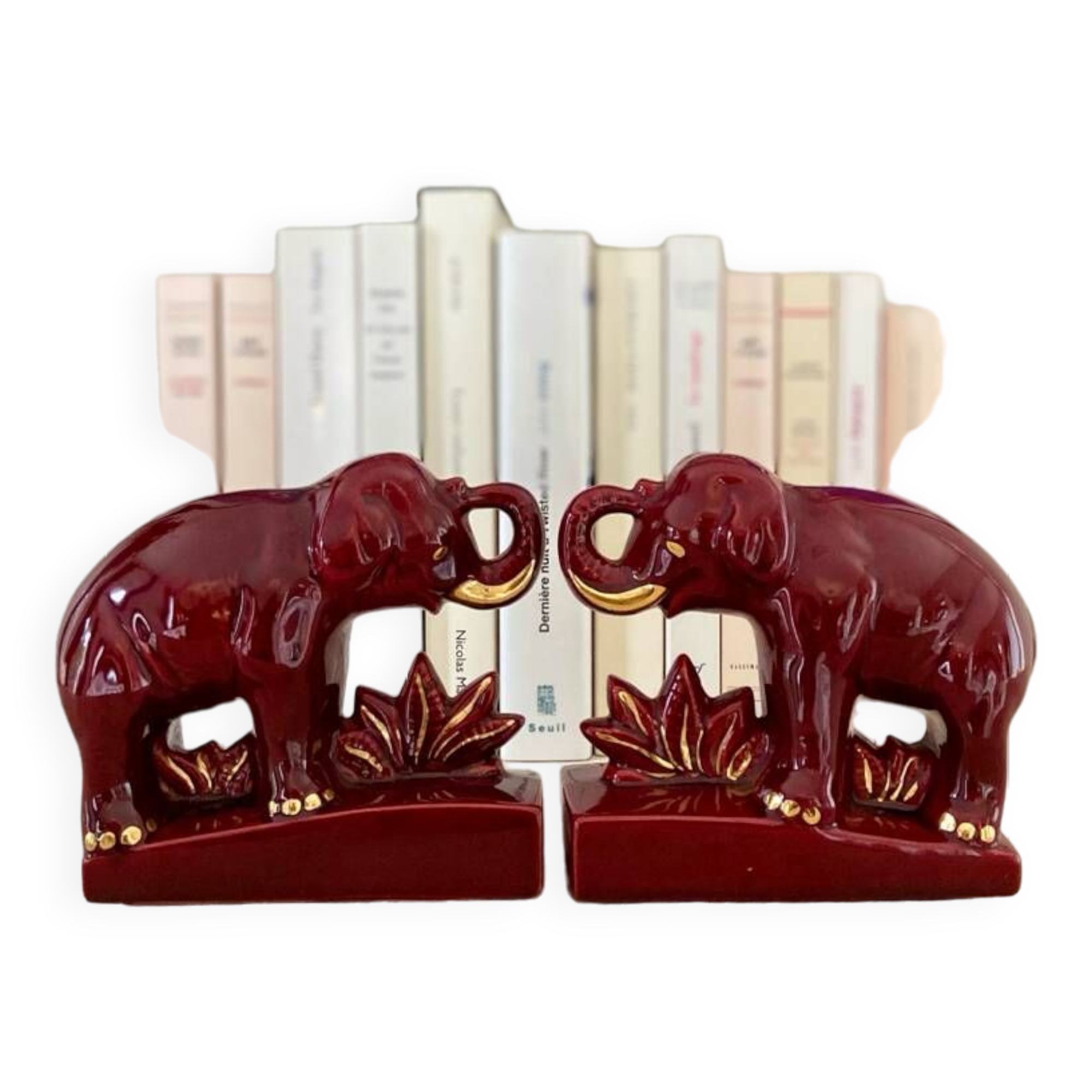 Pair of burgundy ceramic “Elephants” bookends