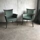 Pair of mid-century armchairs in wood and green fabric, 1960s, vintage style.