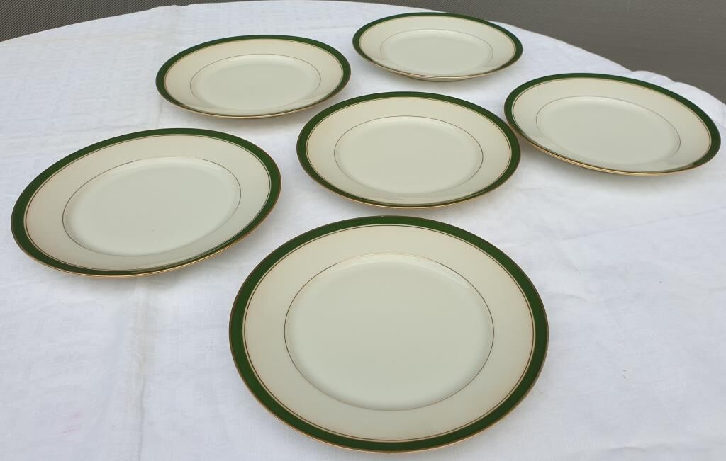 Set 6 porcelain plates Aux Lions de Faïence 1920 imperial green and gold