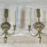 Pair of Two-Arm Bronze Wall Lights with Arrow and Mask Decoration
