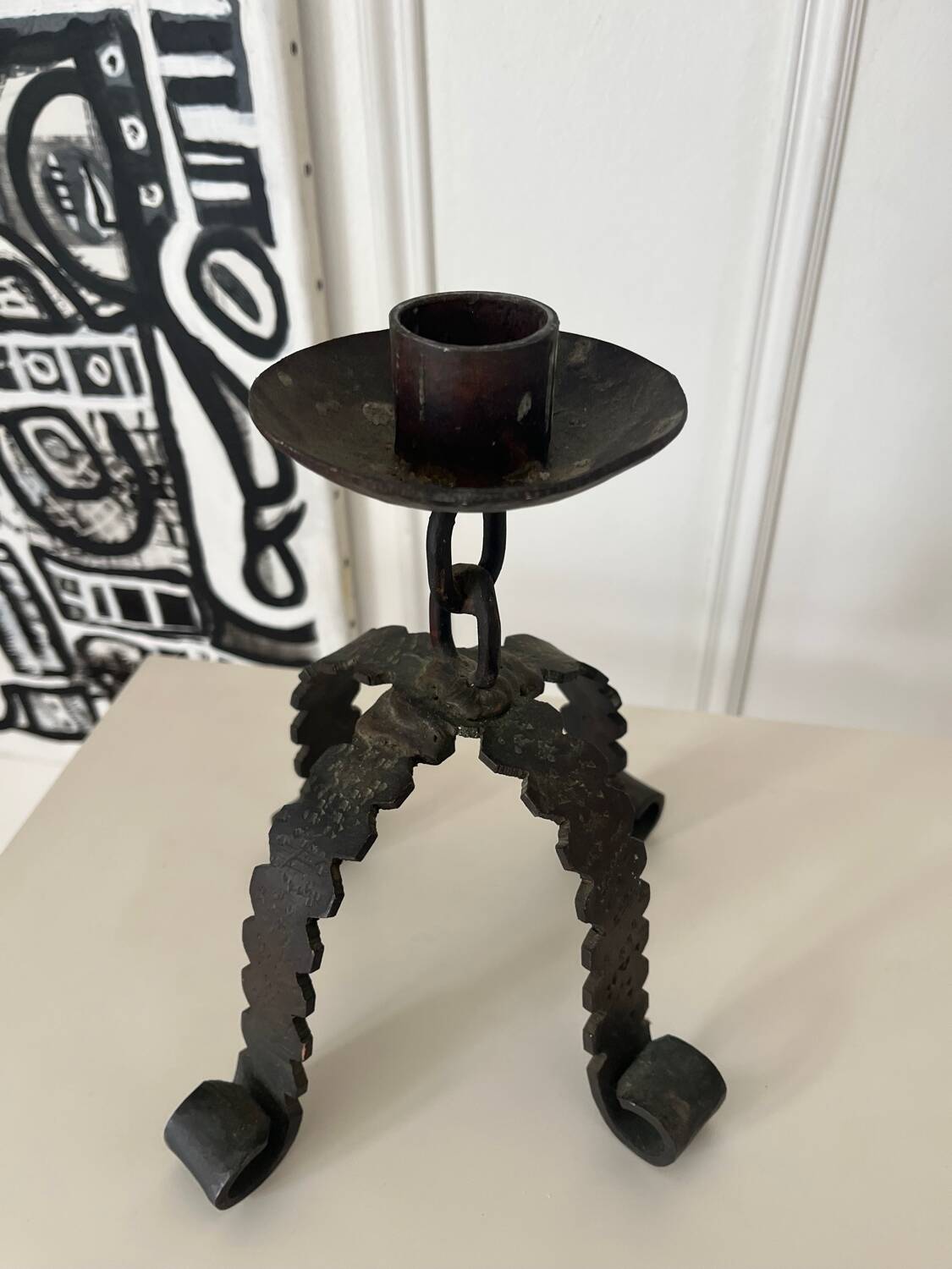 Brutalist iron candlestick Folk art