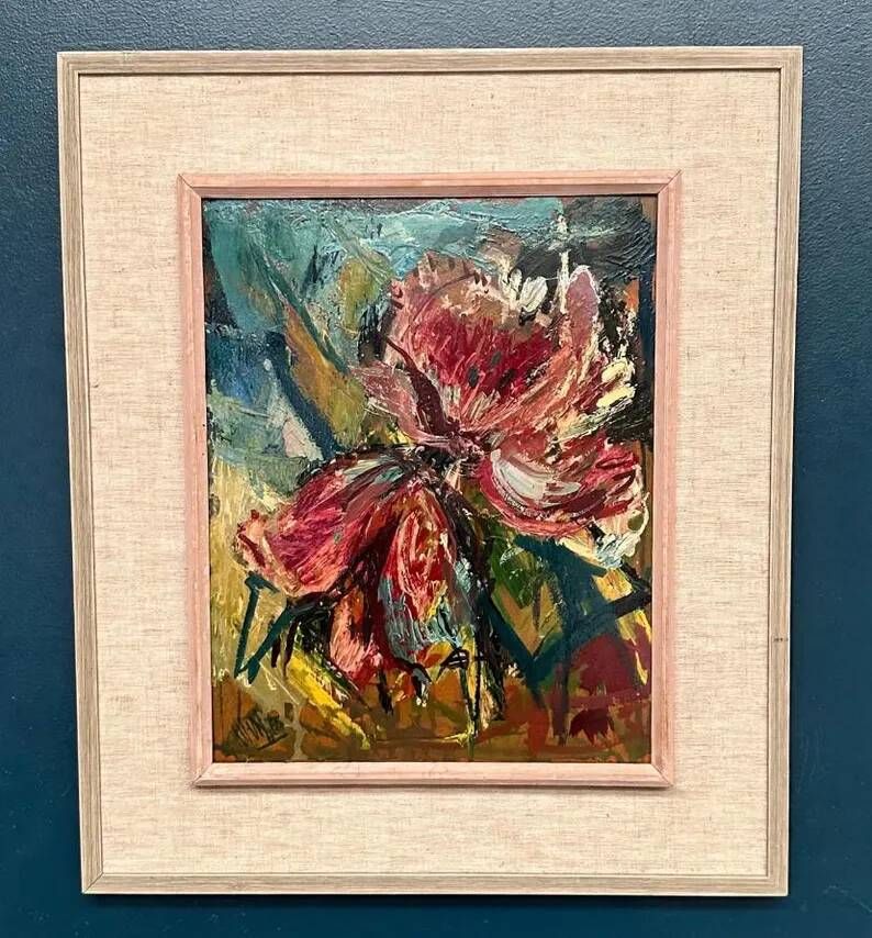 Original Swedish Oil on Panel – "Pink Flower" by Owe Wessbohn – Signed – Vintage and Framed – 69 × 51 cm (27.2" × 20.1")