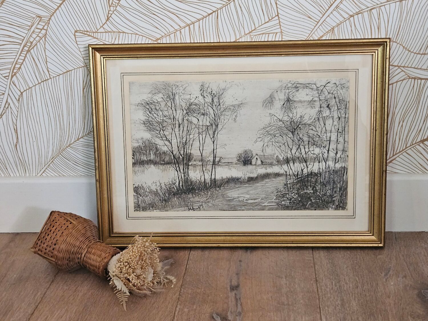 Signed countryside landscape engraving