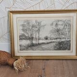 Signed countryside landscape engraving