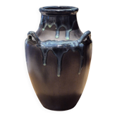 Vase en grès émaillé bleu à coulures – signé – 25 cm