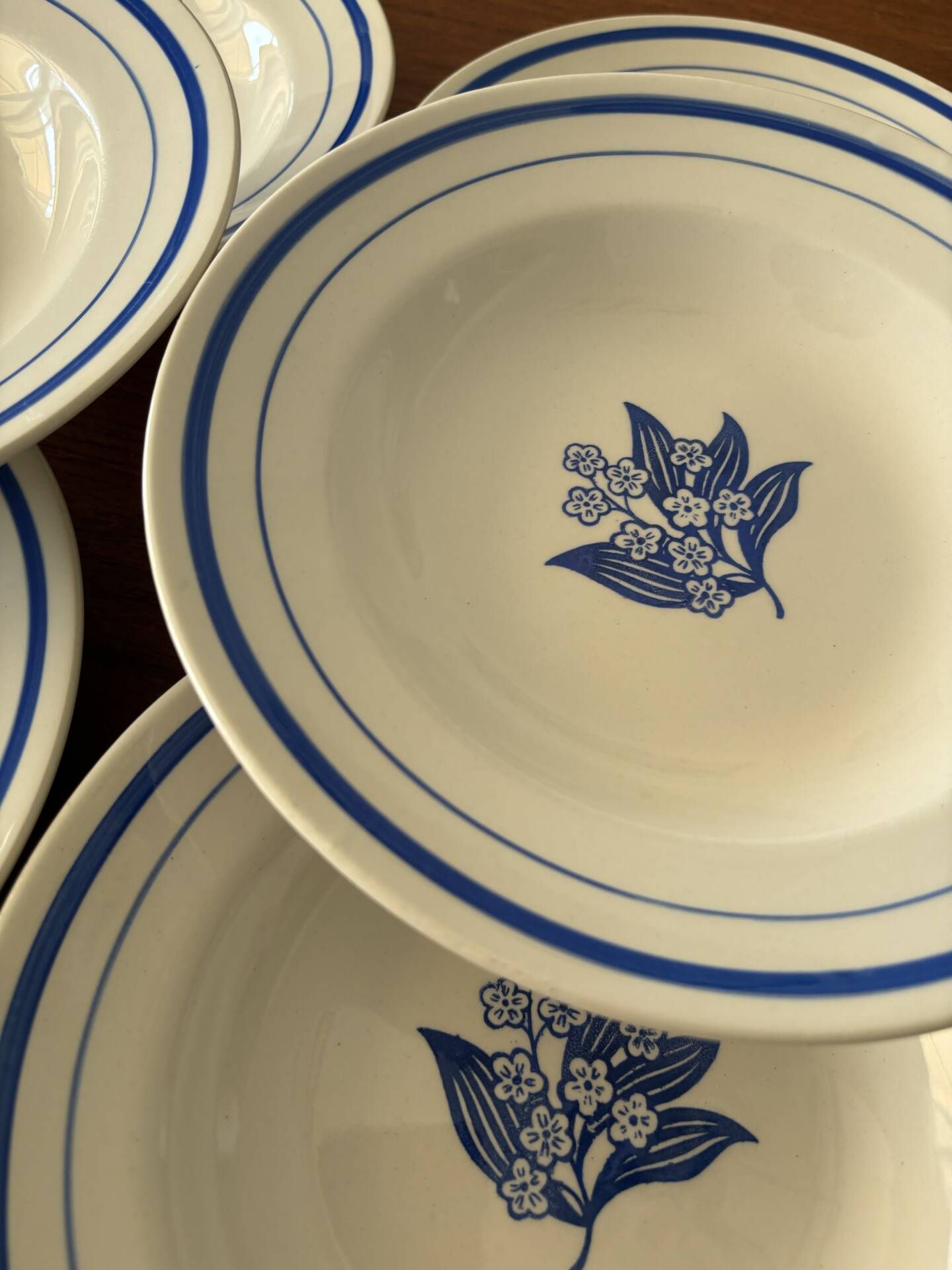Set of 6 vintage deep plates in earthenware with blue lily of the valley flowers.