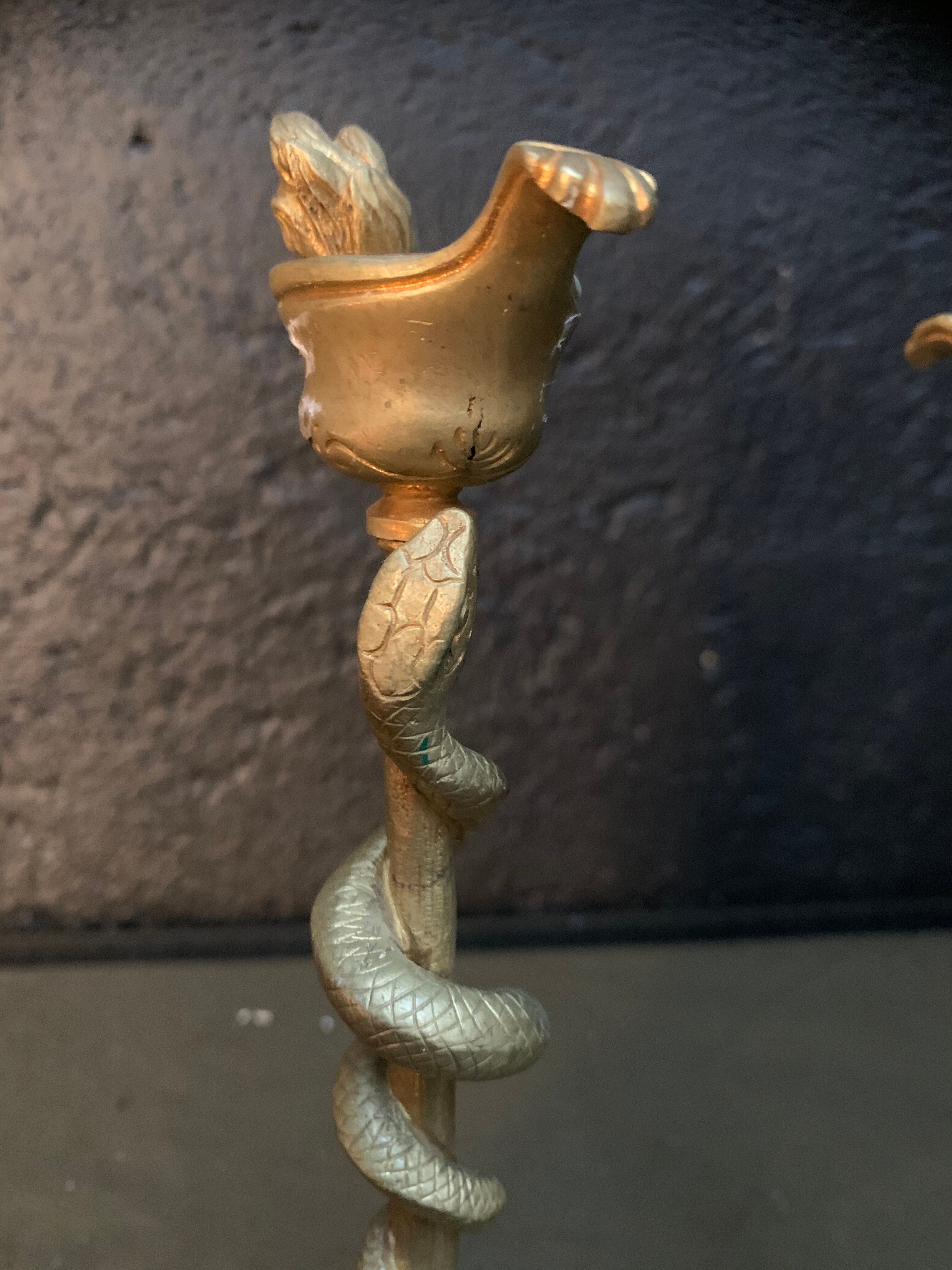 Pair of candlesticks with snakes, gilded bronze 19th century