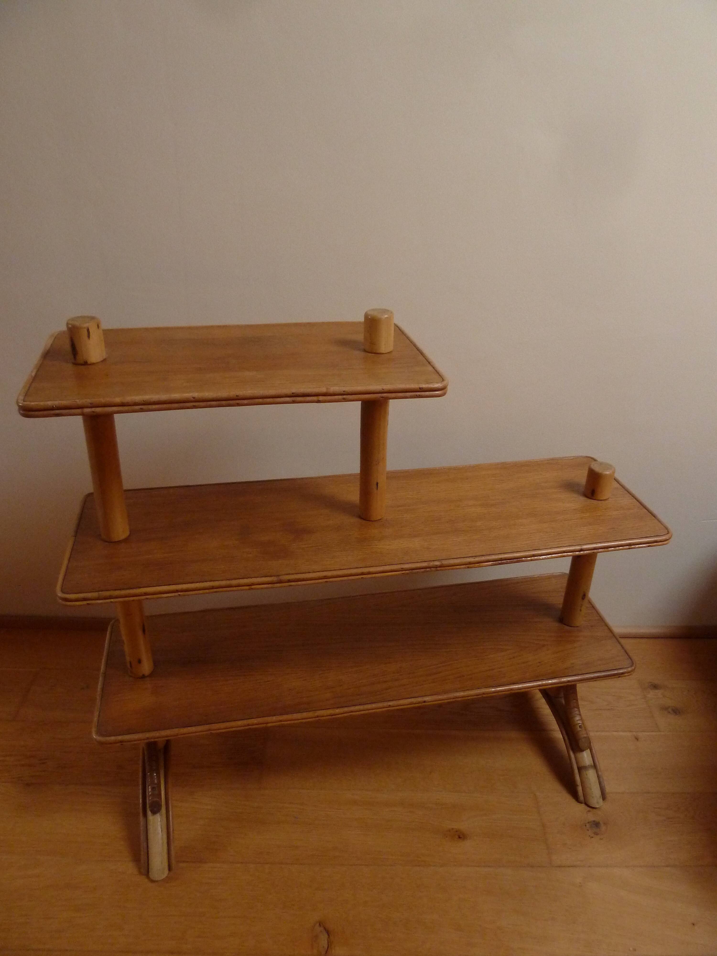 Asymmetrical rattan and wood shelf