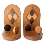 Paire de serre-livres vintage en bois, motif damier, années 50