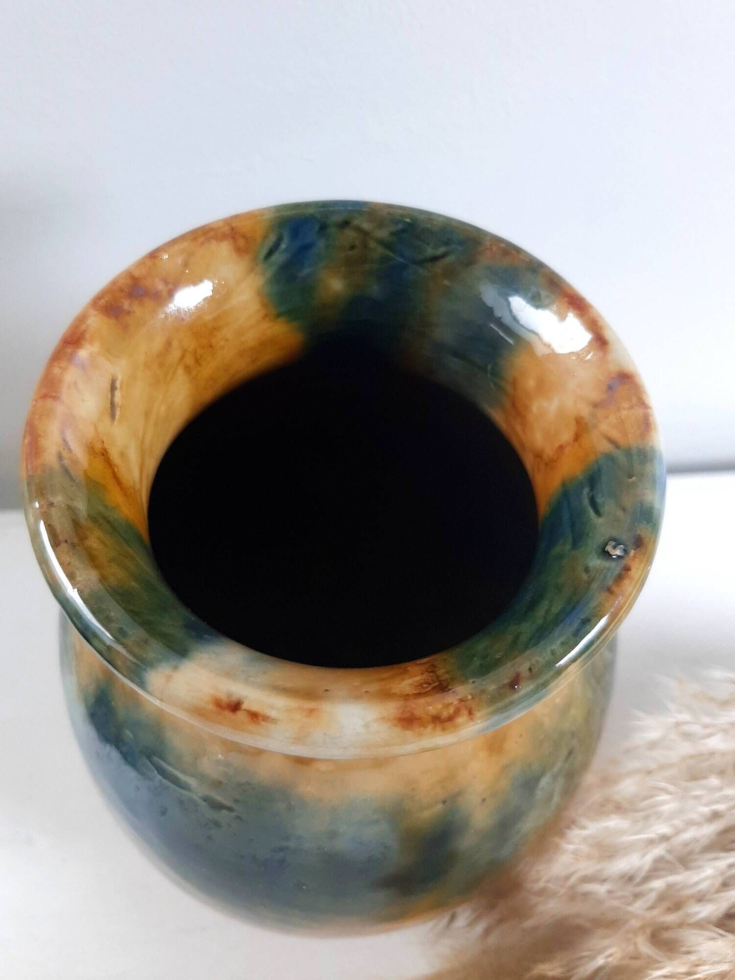 Aetgina vase Vallauris vintage in ochre and blue glazed ceramic.