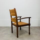 Straw and wood armchair brutalist art deco