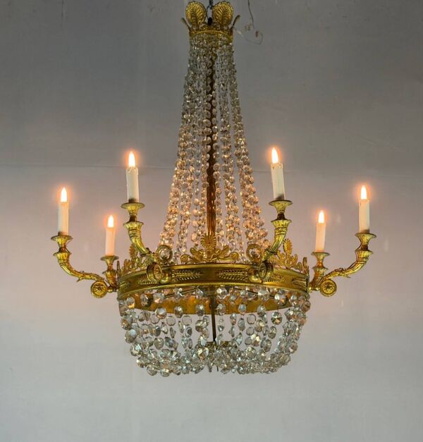 Lustre sac de perles de style Empire en bronze doré, vers 1880