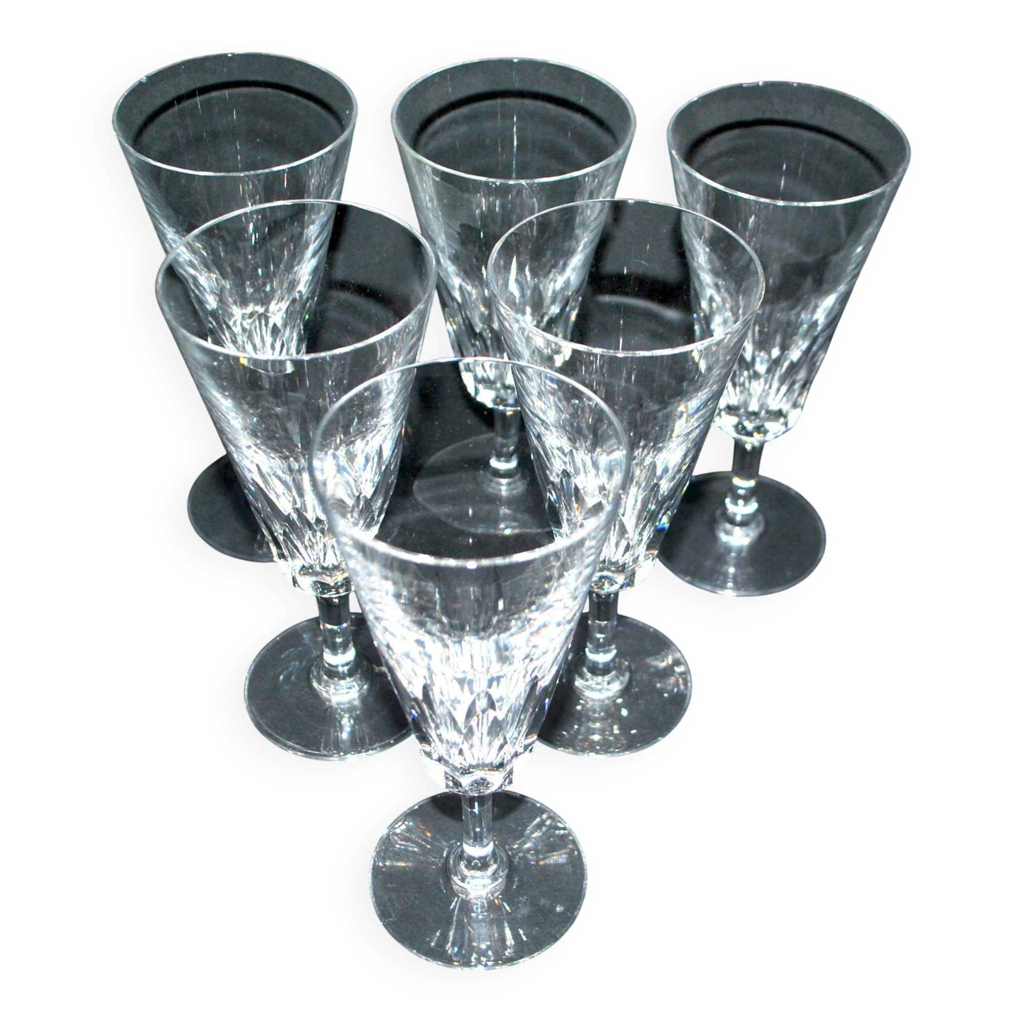 Baccarat set of 6 cut crystal champagne flutes, Carcassonne model, 1960