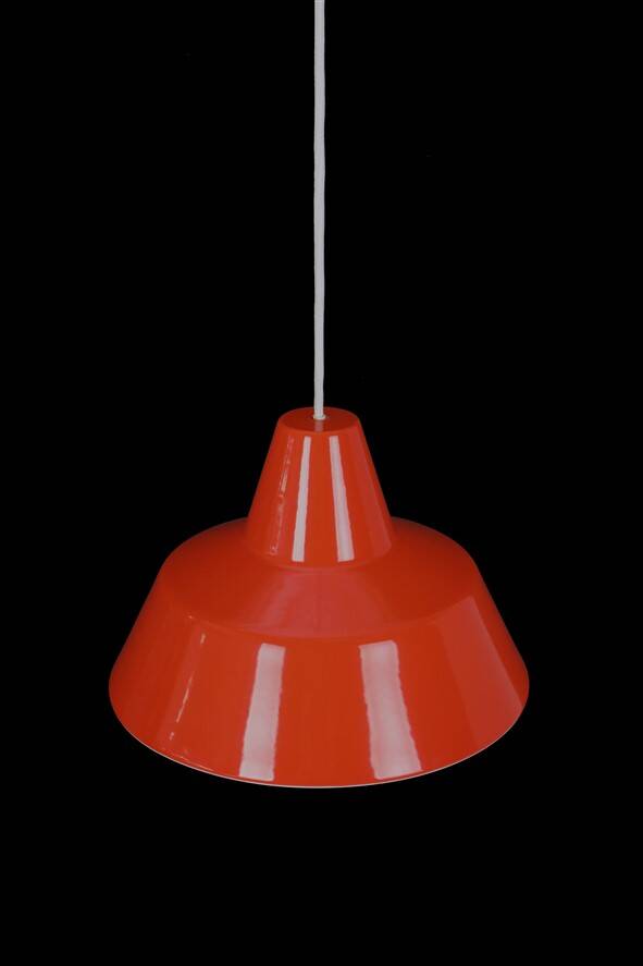 Louis Poulsen / Axel Wedel Madsen “Arbejdspendel” enamel pendant lamp / Danish industrial design / orange