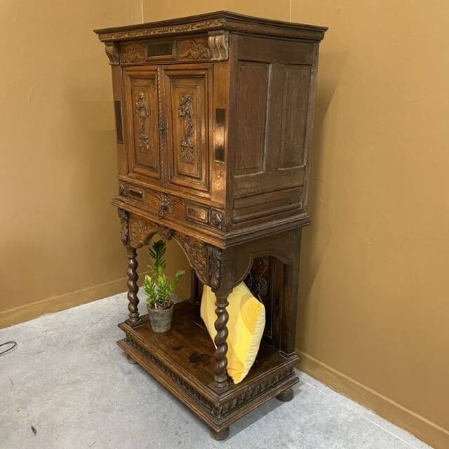 Antique carved wooden jam cupboard, two-part piece of furniture