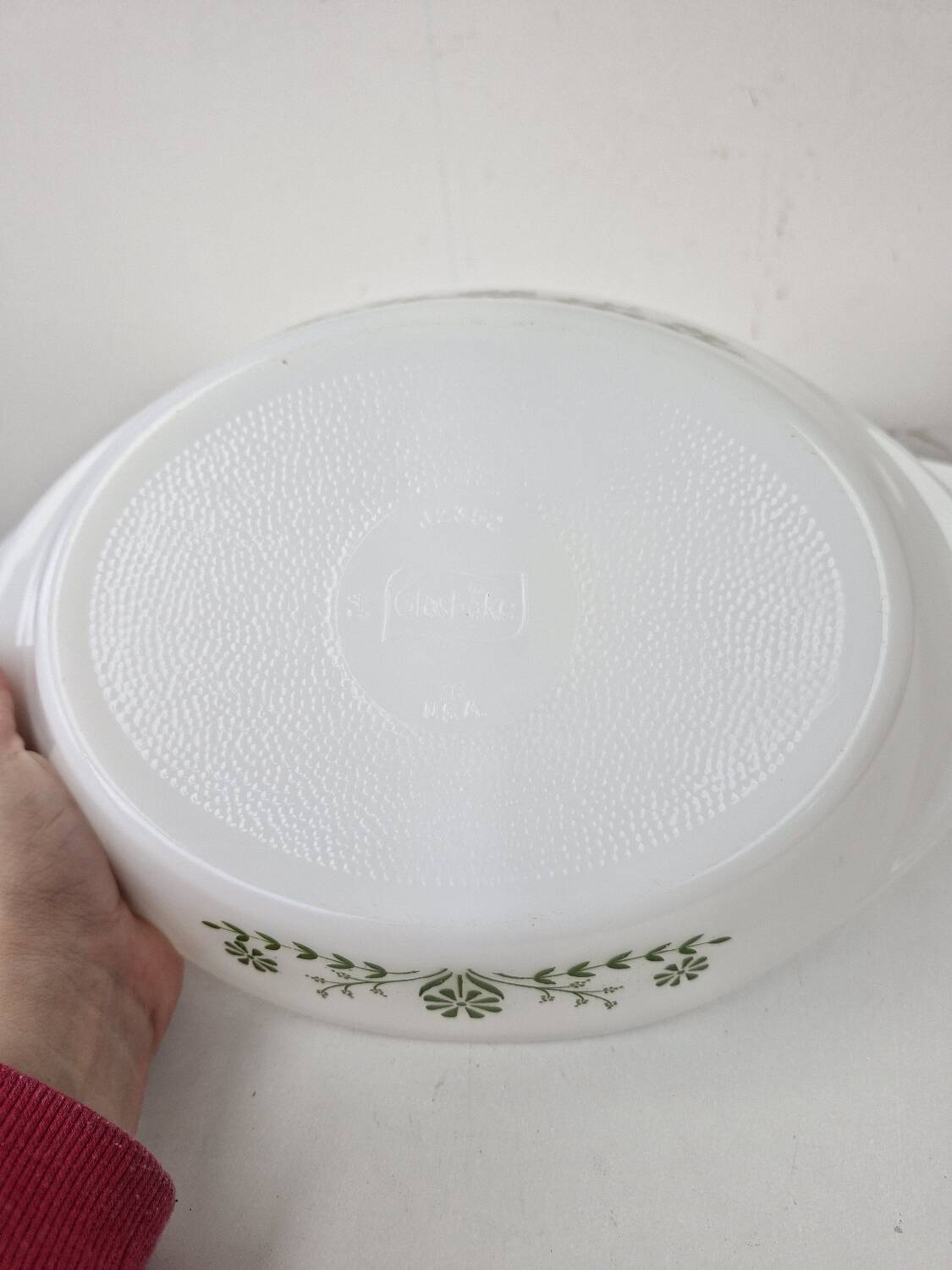 Glasbake usa hollow oven dish compartmented 2 parts vintage daisy green