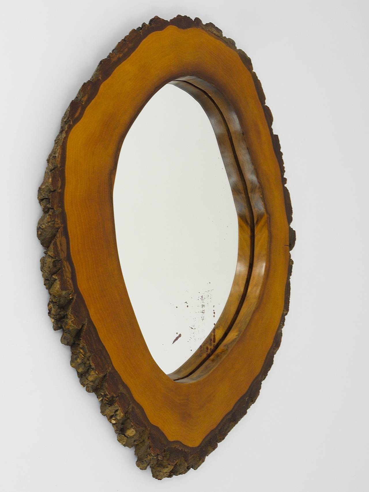 Wall mirror tree trunk in walnut, Carl Aubock modernist style, Austria, 1950s.