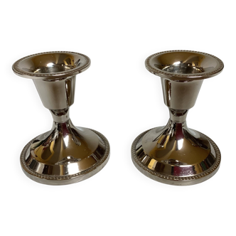 Pair of small silver beaded metal candle holders.