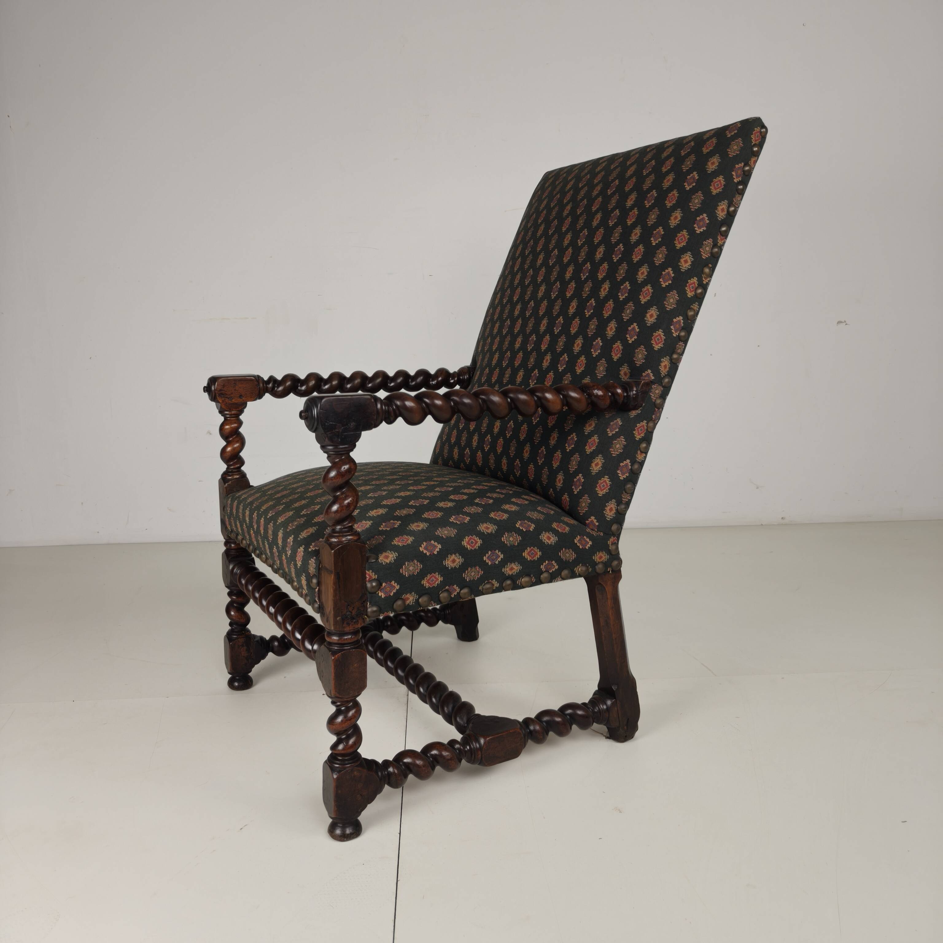 English Barley Twist Library Armchair in Dark Oak, circa 1700