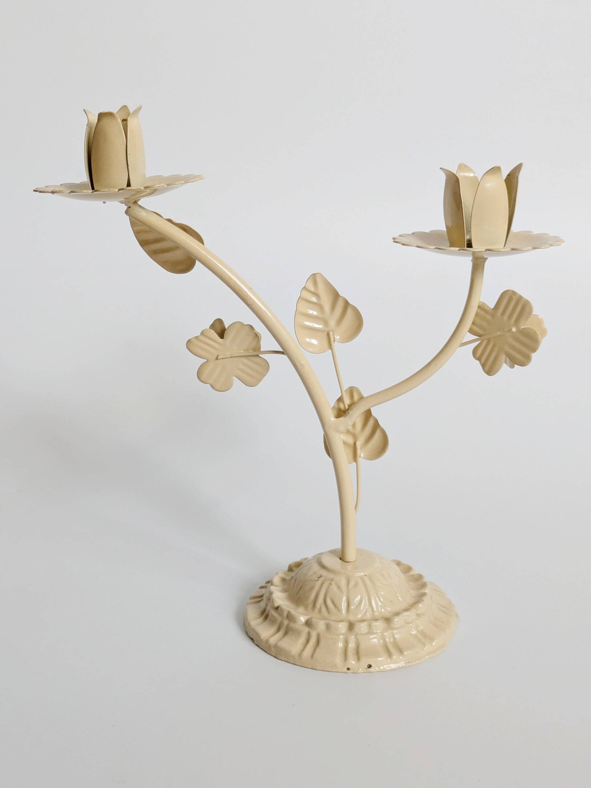 Vintage Italian white painted cast iron candlestick, floral motif, 1970s