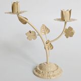 Vintage Italian white painted cast iron candlestick, floral motif, 1970s