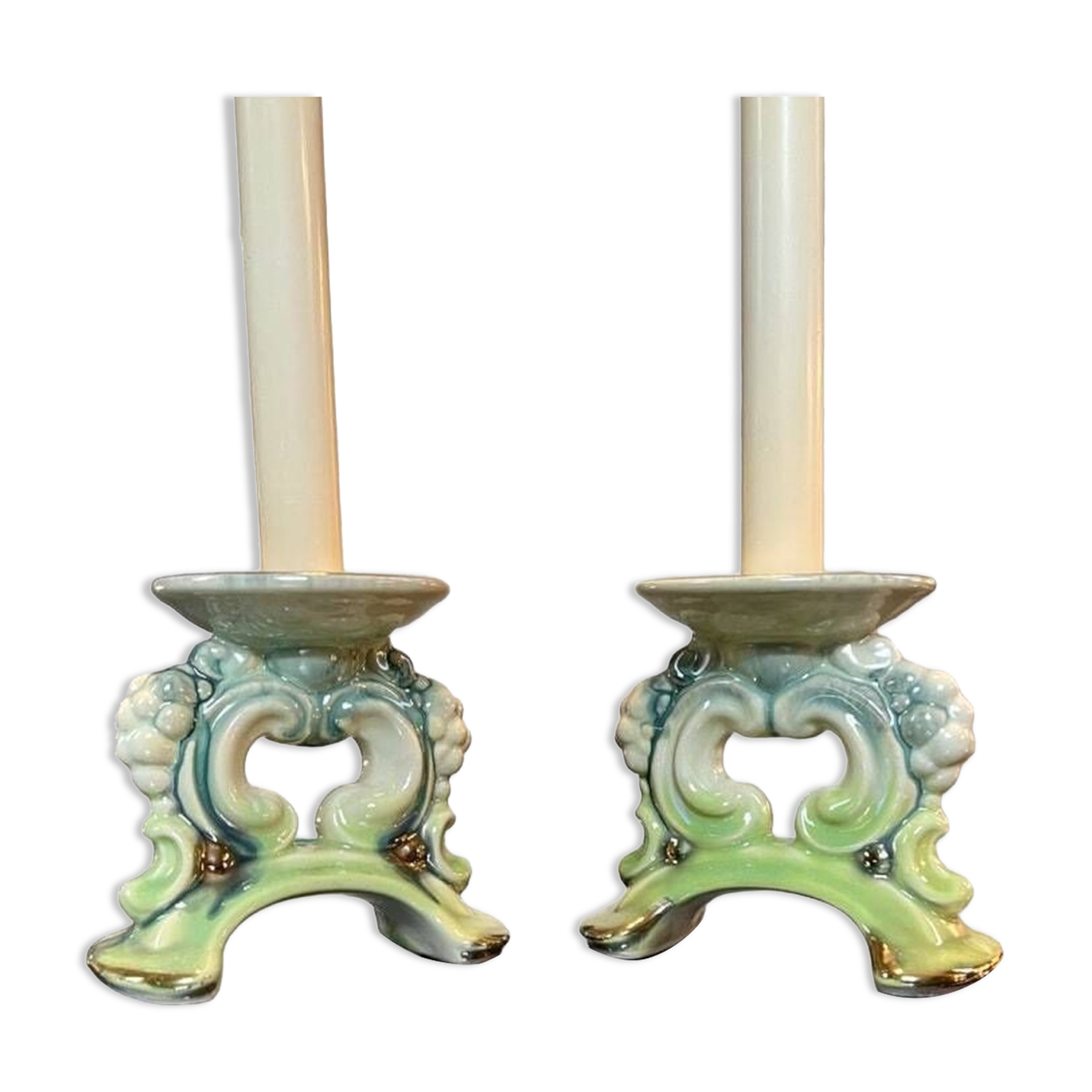 Paire de bougeoirs vintage - faïence céramique verte et bleue - bougies décoration