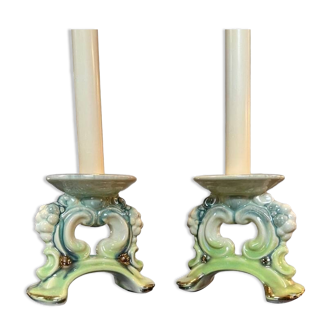Pair of vintage candlesticks - green and blue ceramic earthenware - decorative candles