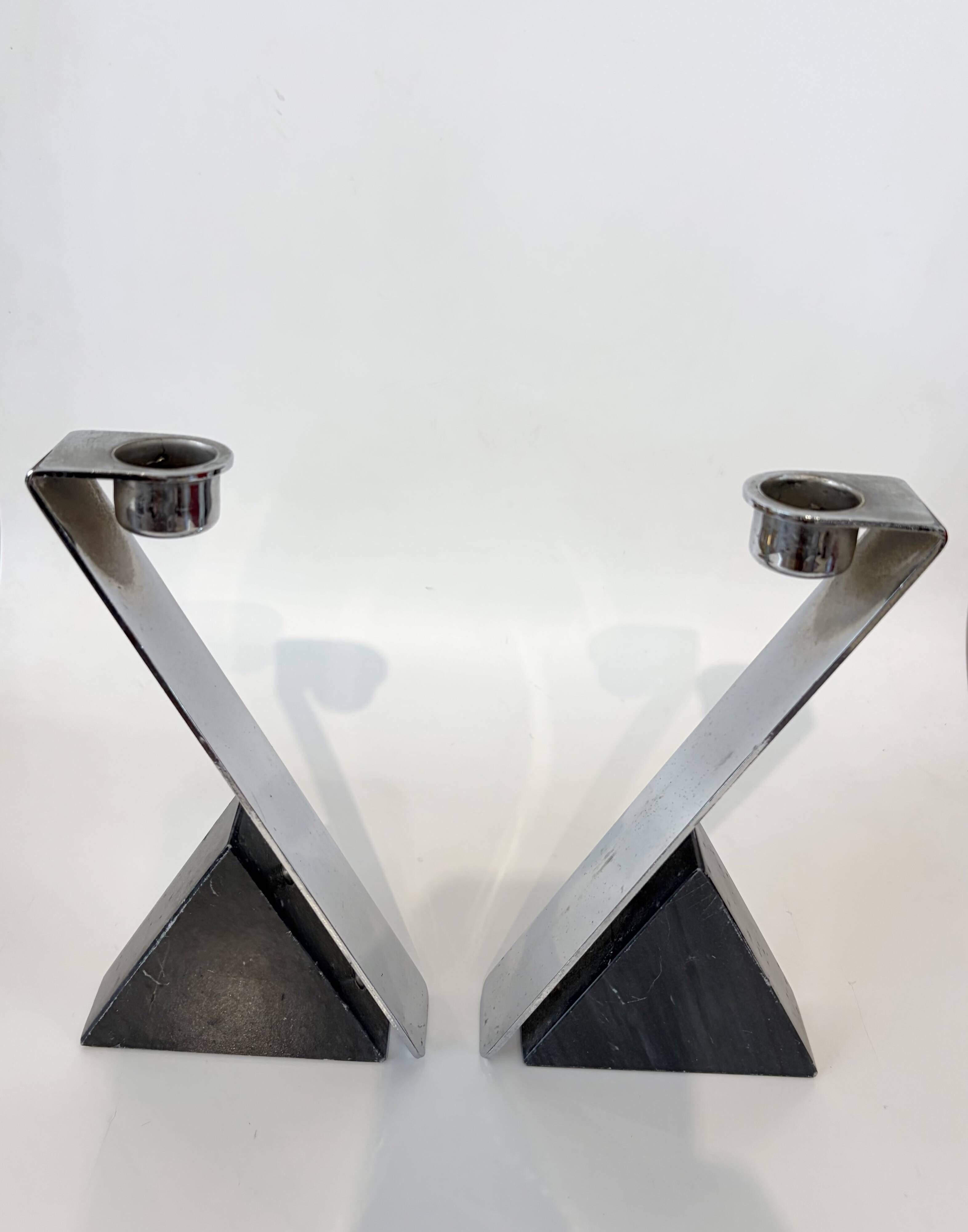 Pair of marble and steel candlesticks 1980