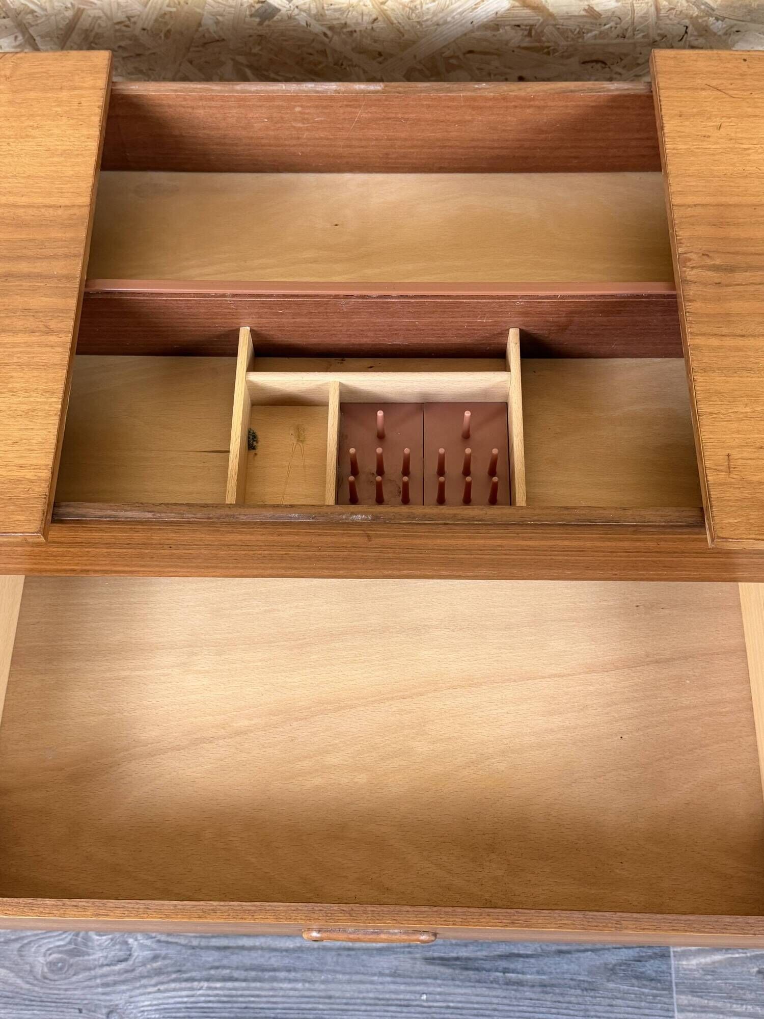 1960s 1970s Teak Sewing Box Sewing Table Utensil Holder with Basket