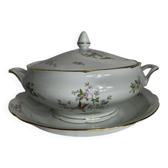 Delicate Tureen in Sologne Lamotte Porcelain with Floral Pattern