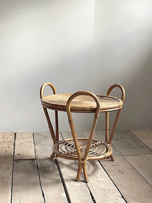 Vintage Sculptural Two-Tier Rattan Side Table with Loop Handles, Japan, 1970s