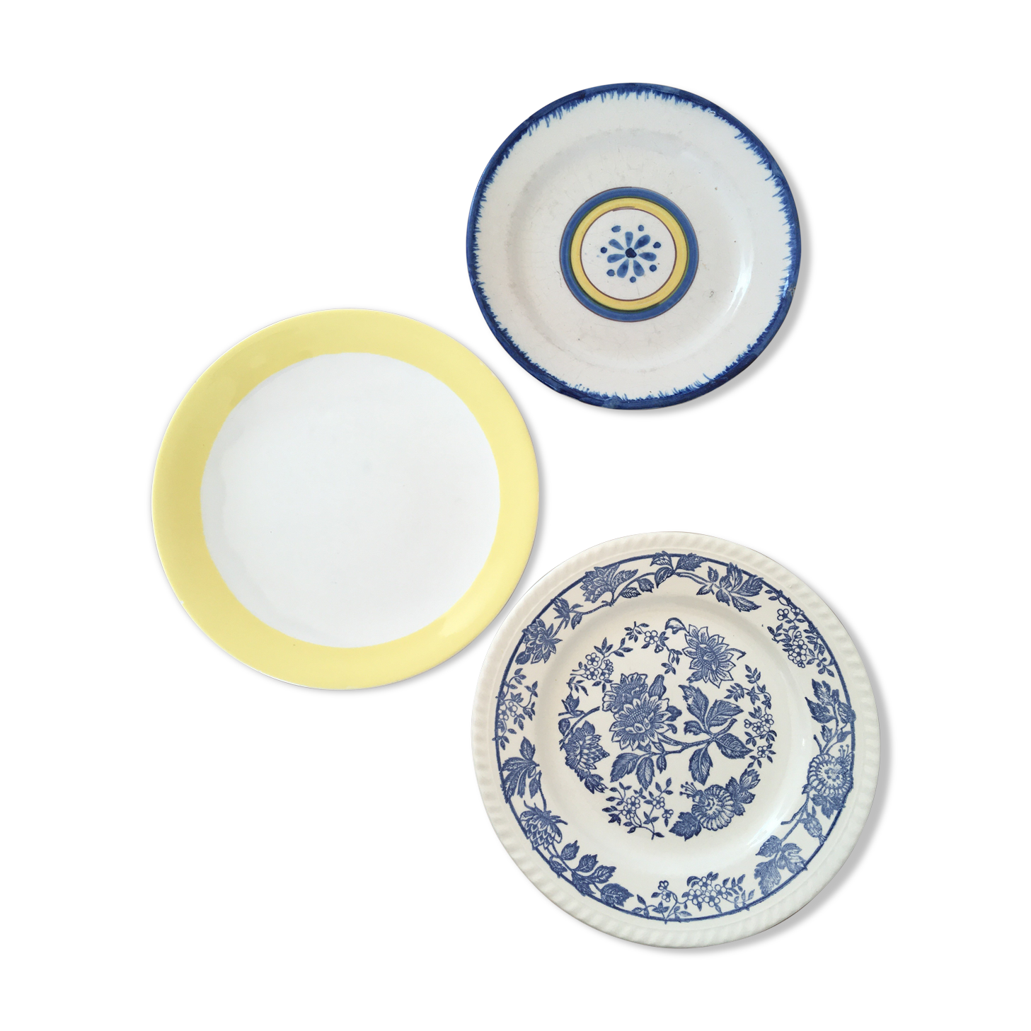 Mismatched yellow & blue plates