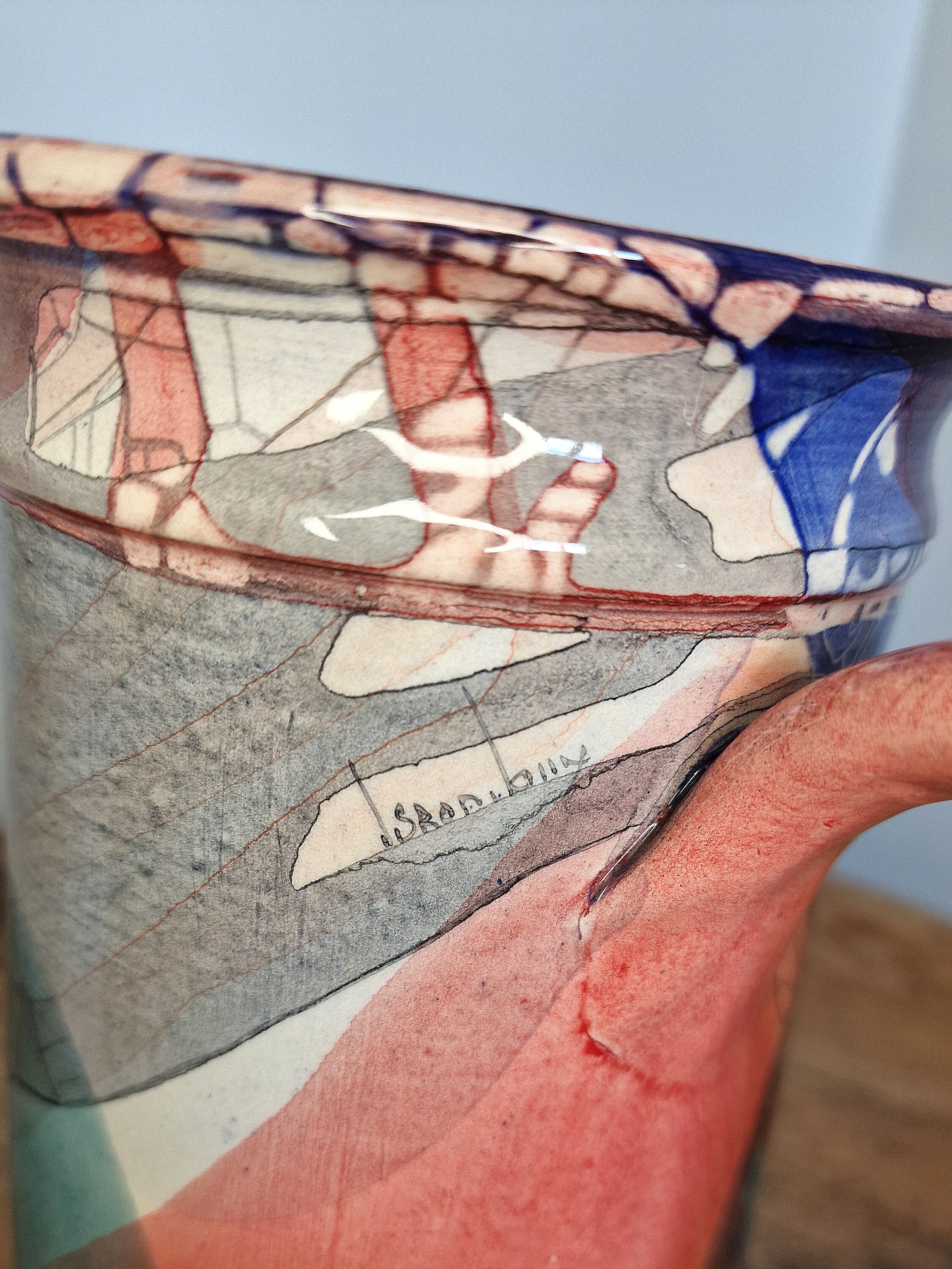 Large sculptural ceramic pitcher by a signed artist – abstract decoration