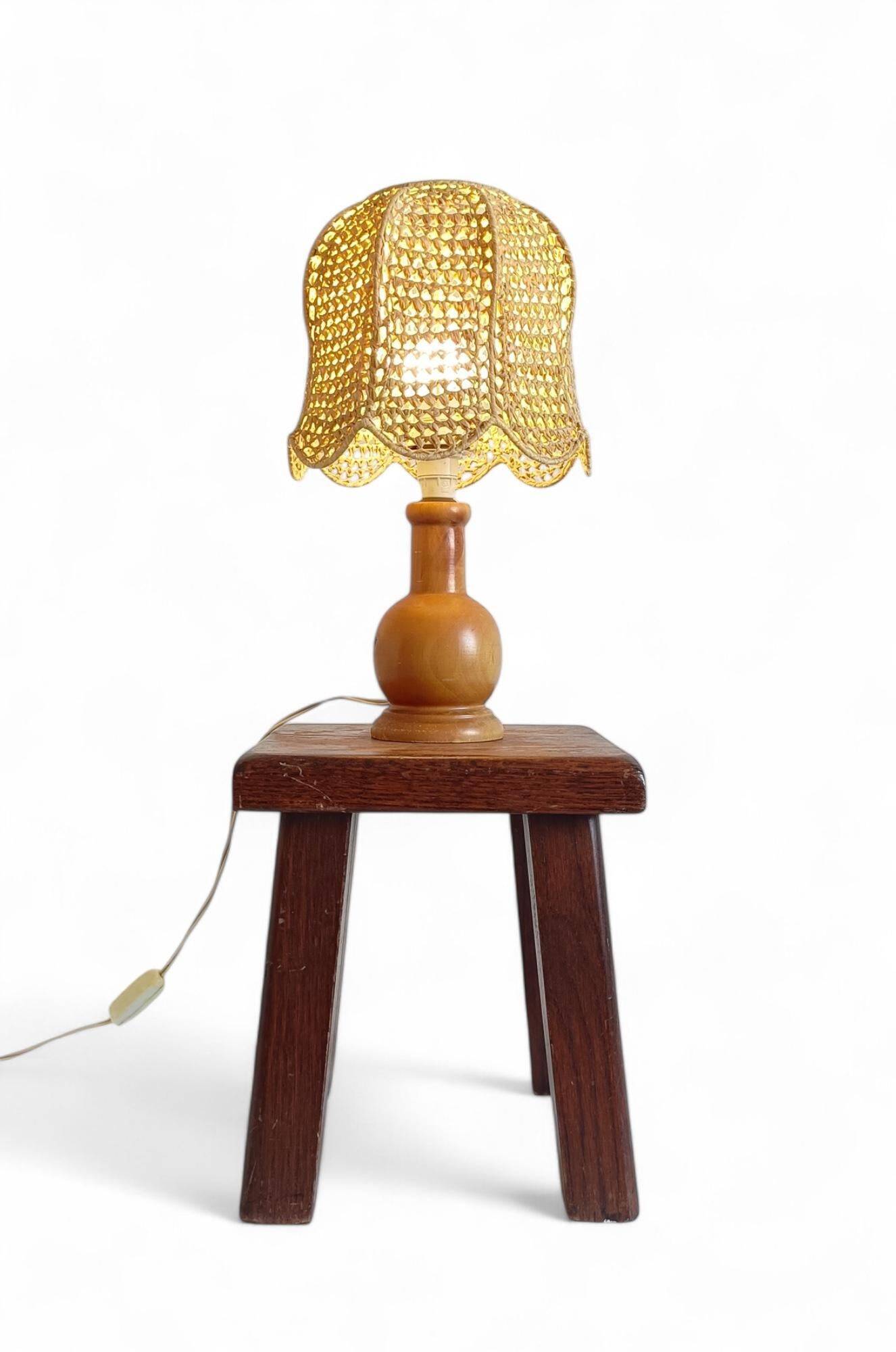 Mid-Century Bohemian Table Lamp, Pine Wood & Raffia, Italy, 1970s