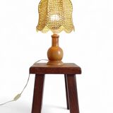 Mid-Century Bohemian Table Lamp, Pine Wood & Raffia, Italy, 1970s