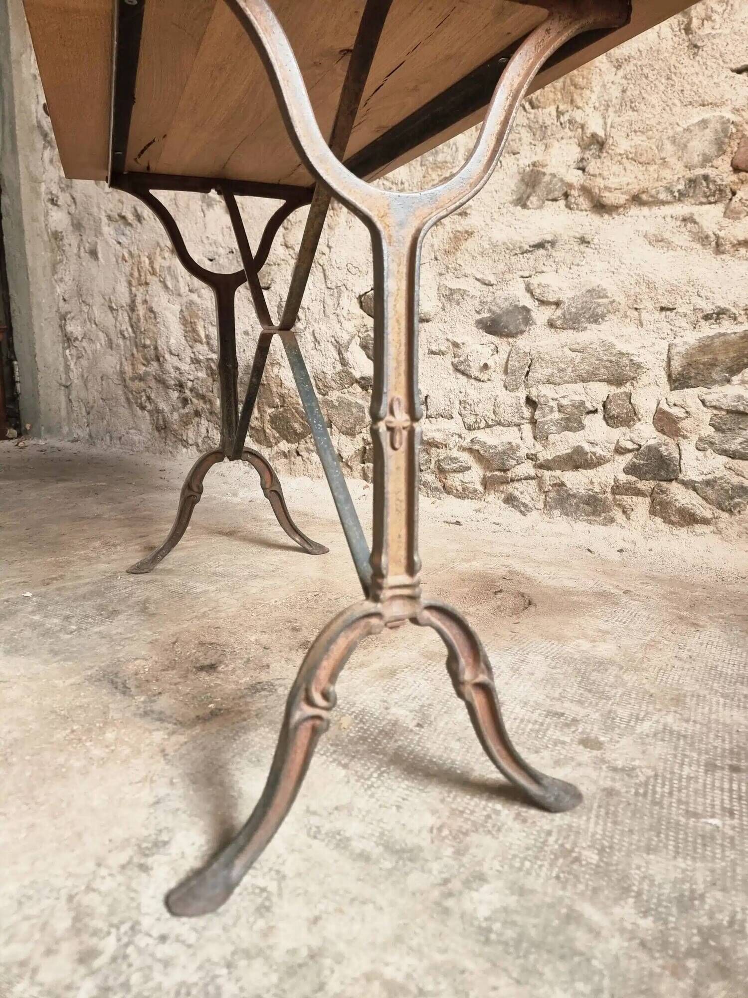 Vintage French Bistro Table | 1960s/70s Oak Top & Cast Iron Base | Retro Coffee & Wine Table