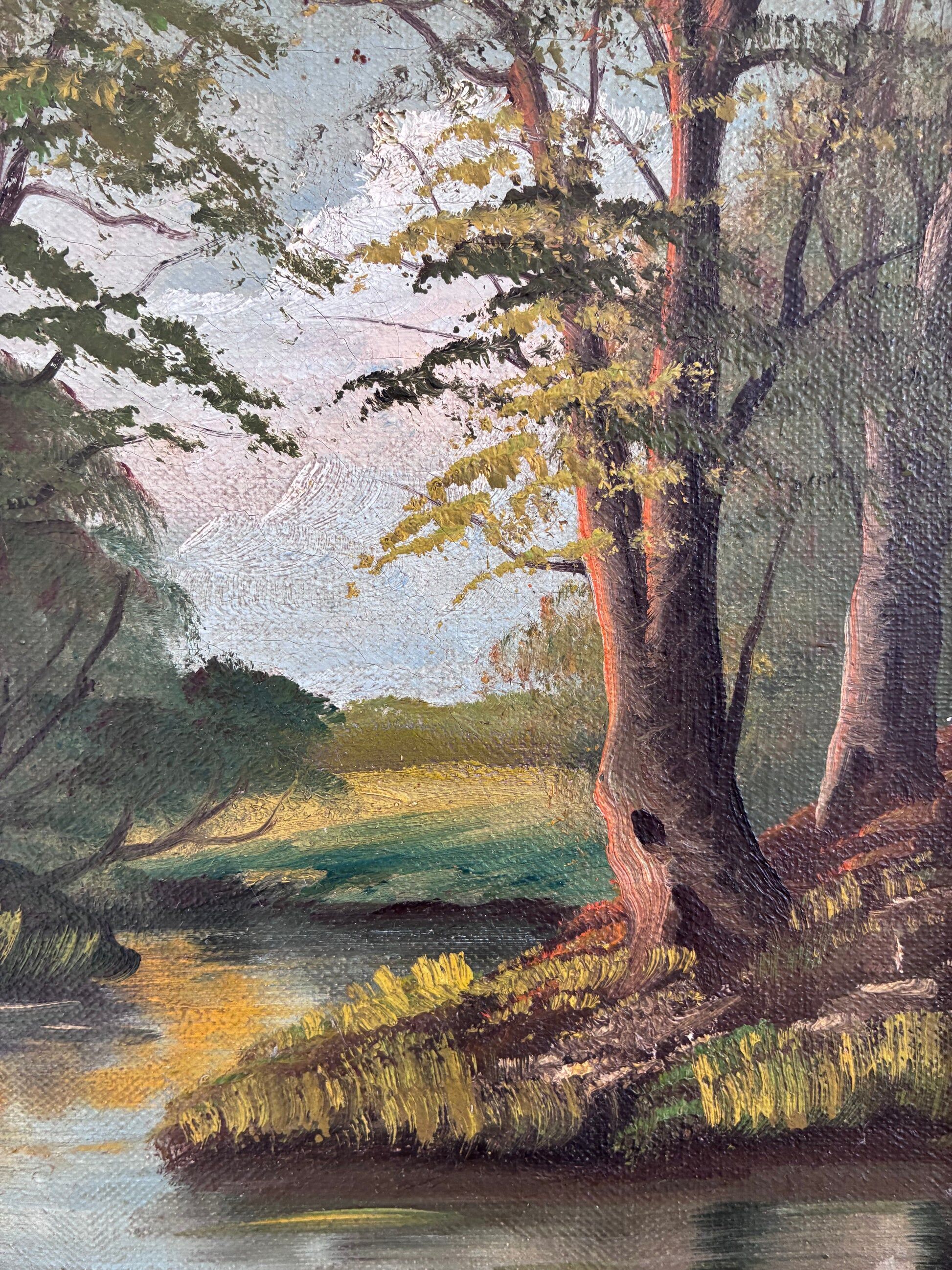 Vintage original landscape oil painting, signed river art