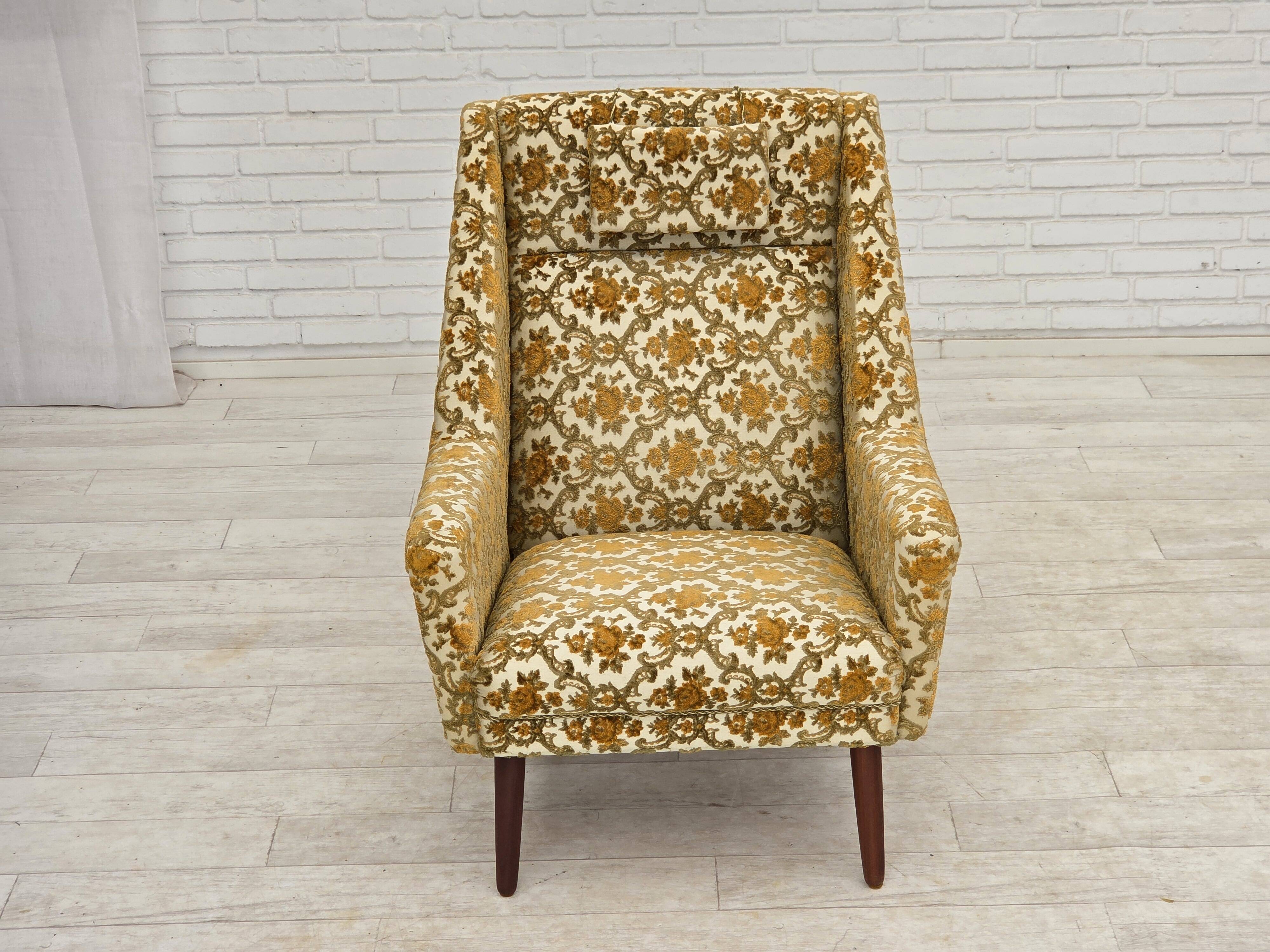 1970s, Danish highback armchair, Brown/beige furniture fabric, teak wood.