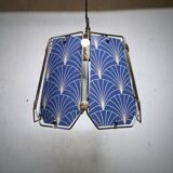 Table lamp, old turned wooden foot, metal lampshade and art deco print