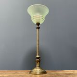 Ornate brass table lamp with mint green glass shade