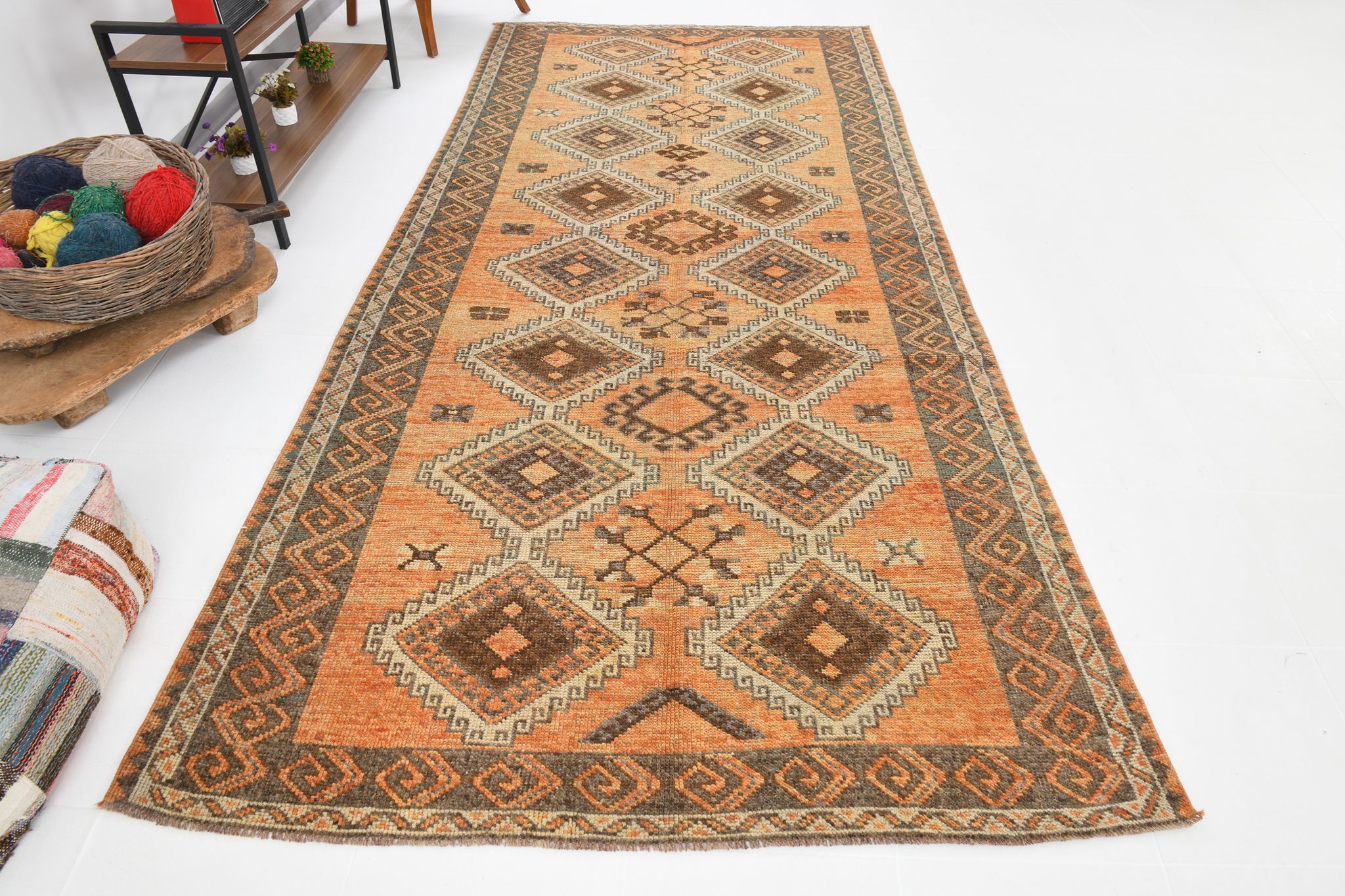 5x11 orange and brown vintage tapis rug, 352x162cm