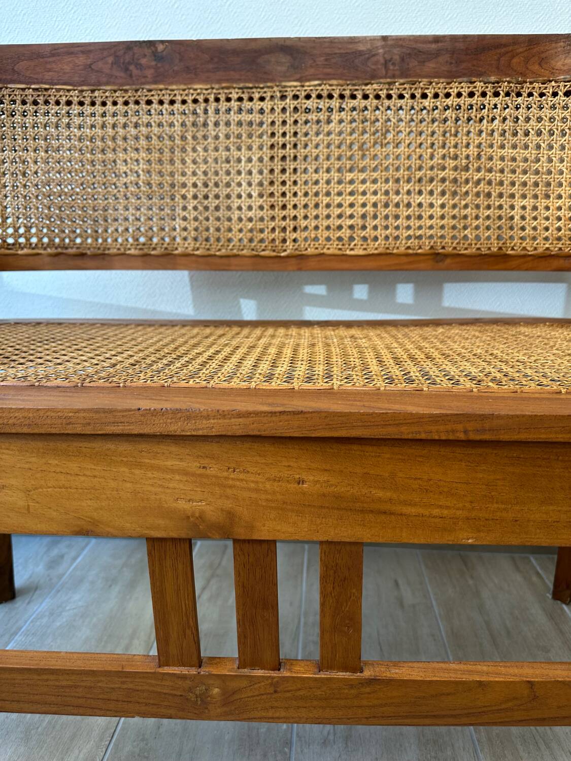 Art Deco wooden and cane bench