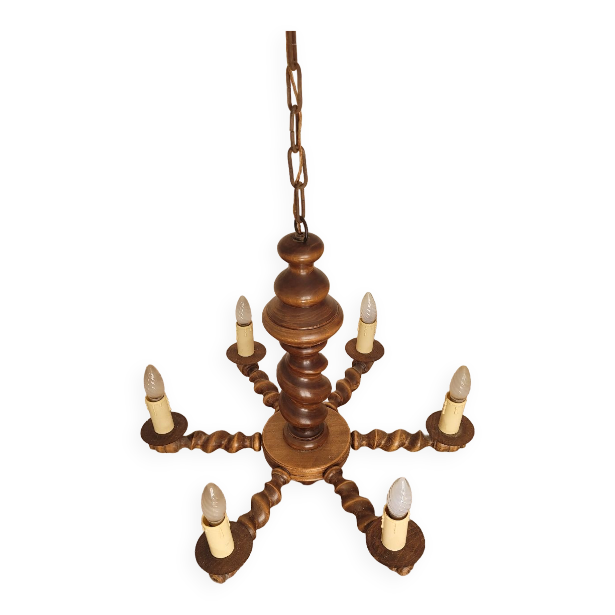 6-branched wooden chandelier from the 60s