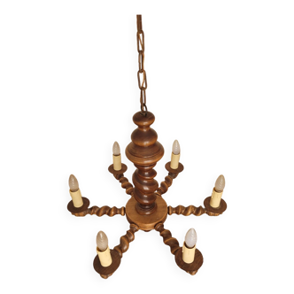 6-branched wooden chandelier from the 60s